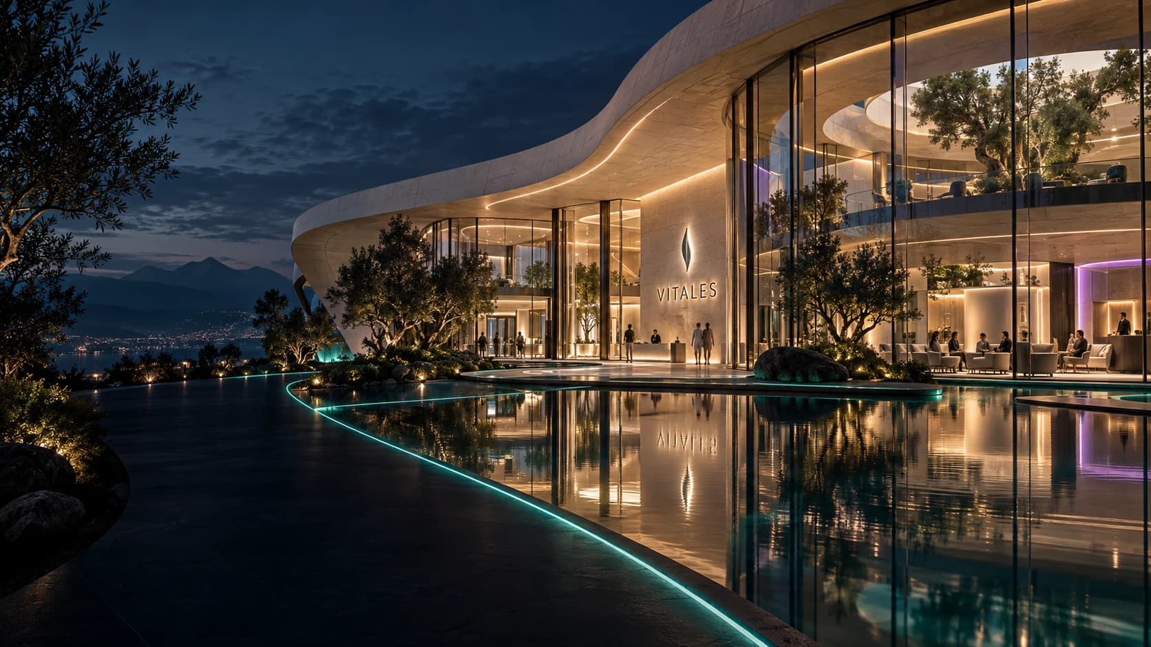 Concept of a futuristic Vitales health center with luminous architecture and welcoming spaces