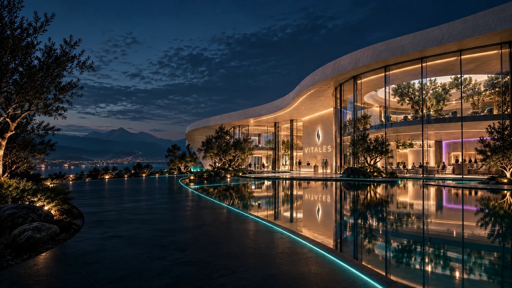 Concept of a futuristic Vitales health center with luminous architecture and welcoming spaces